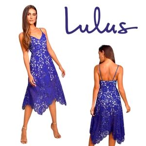 Lulu's Cobalt Blue Lace Spaghetti-Strap Midi Dress